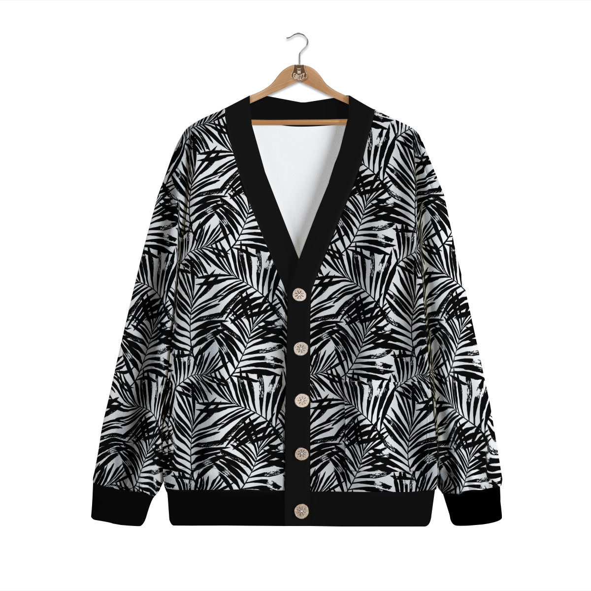 Tropical Palm Leaf White And Black Print Cardigan-grizzshop