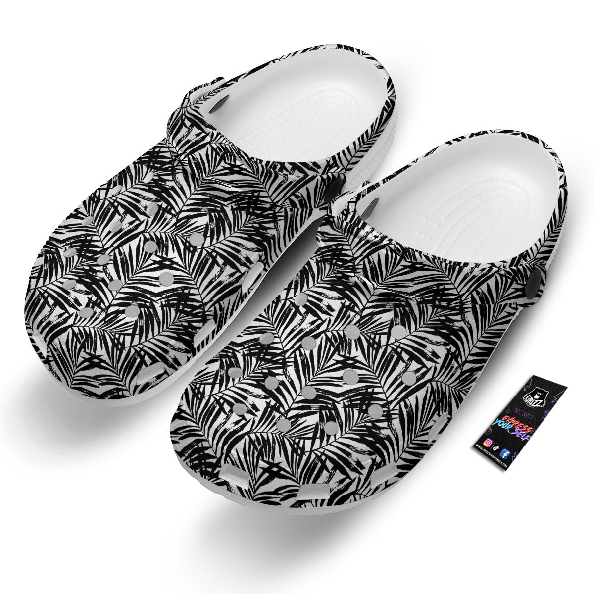 Tropical Palm Leaf White And Black Print Clog-grizzshop