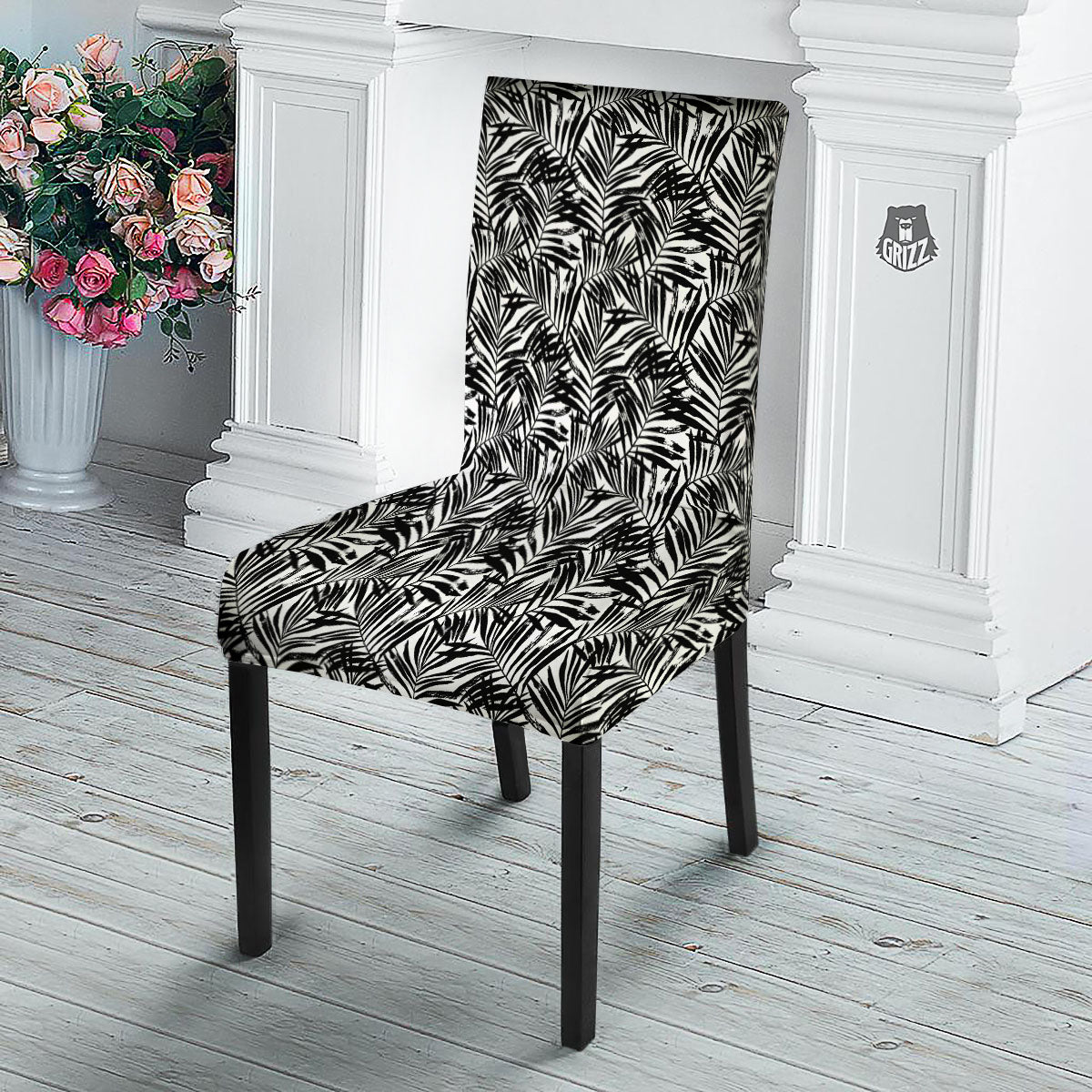 Tropical Palm Leaf White And Black Print Dining Chair Slipcover-grizzshop