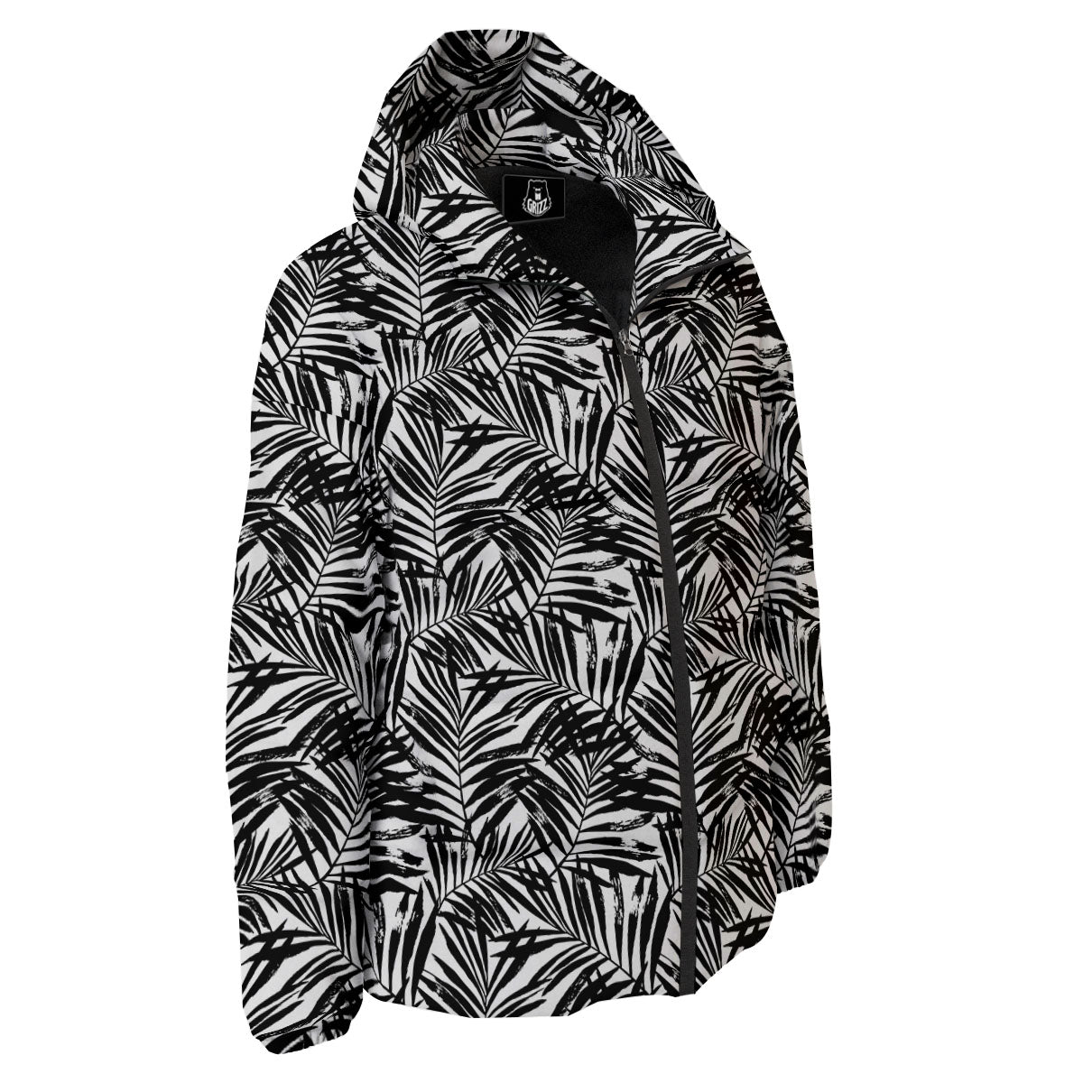 Tropical Palm Leaf White And Black Print Down Jacket-grizzshop
