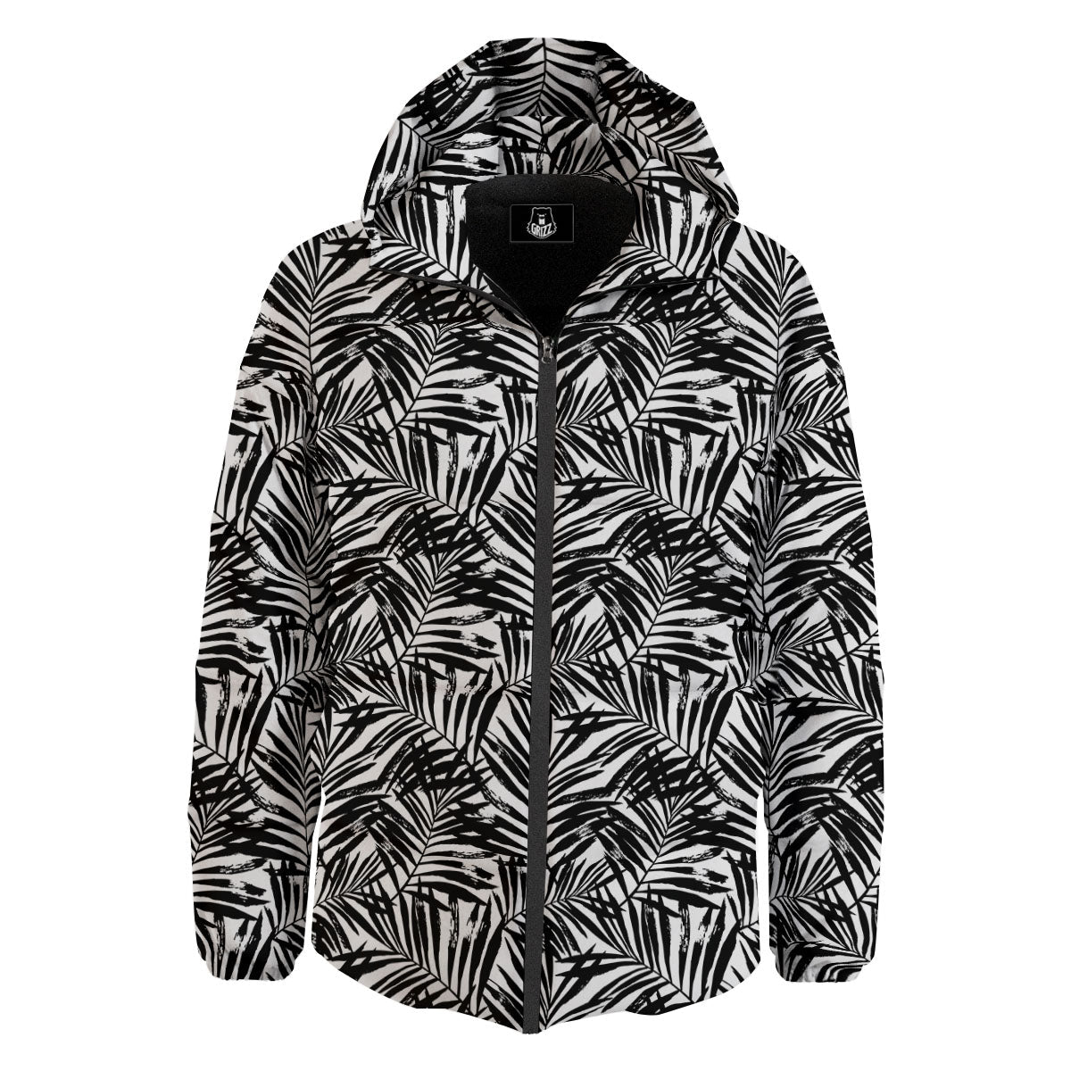 Tropical Palm Leaf White And Black Print Down Jacket-grizzshop