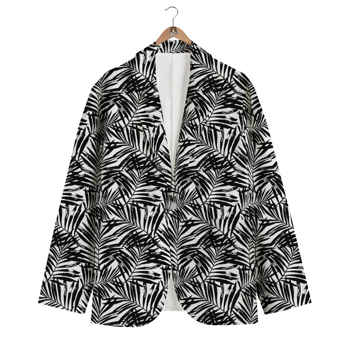 Tropical Palm Leaf White And Black Print Men's Blazer-grizzshop