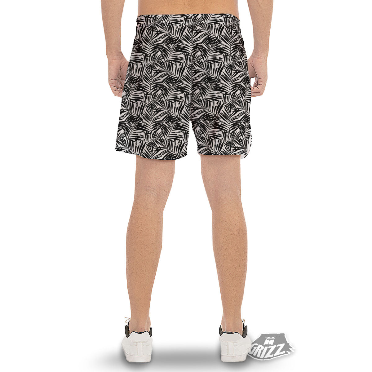Tropical Palm Leaf White And Black Print Men's Gym Shorts-grizzshop