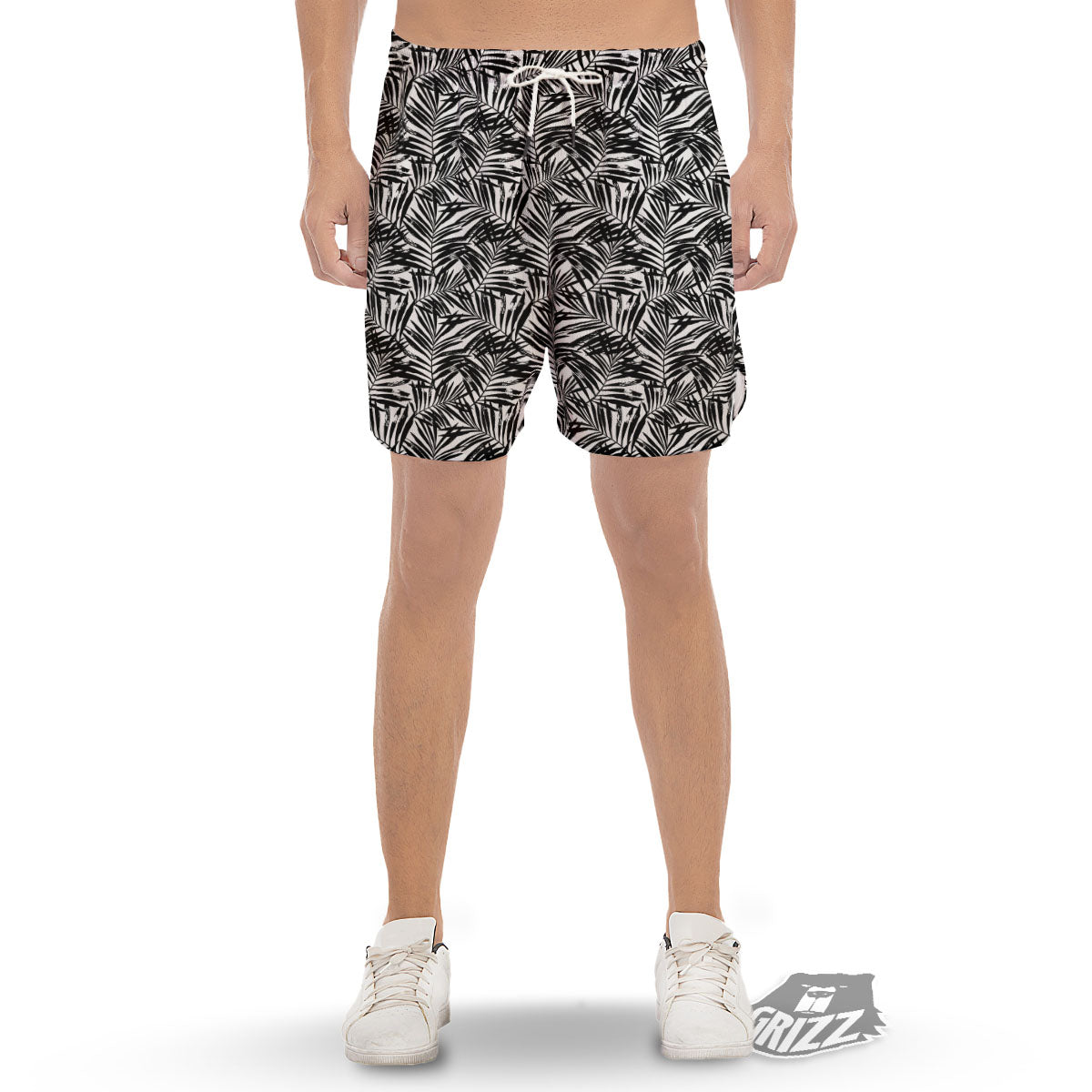 Tropical Palm Leaf White And Black Print Men's Gym Shorts-grizzshop