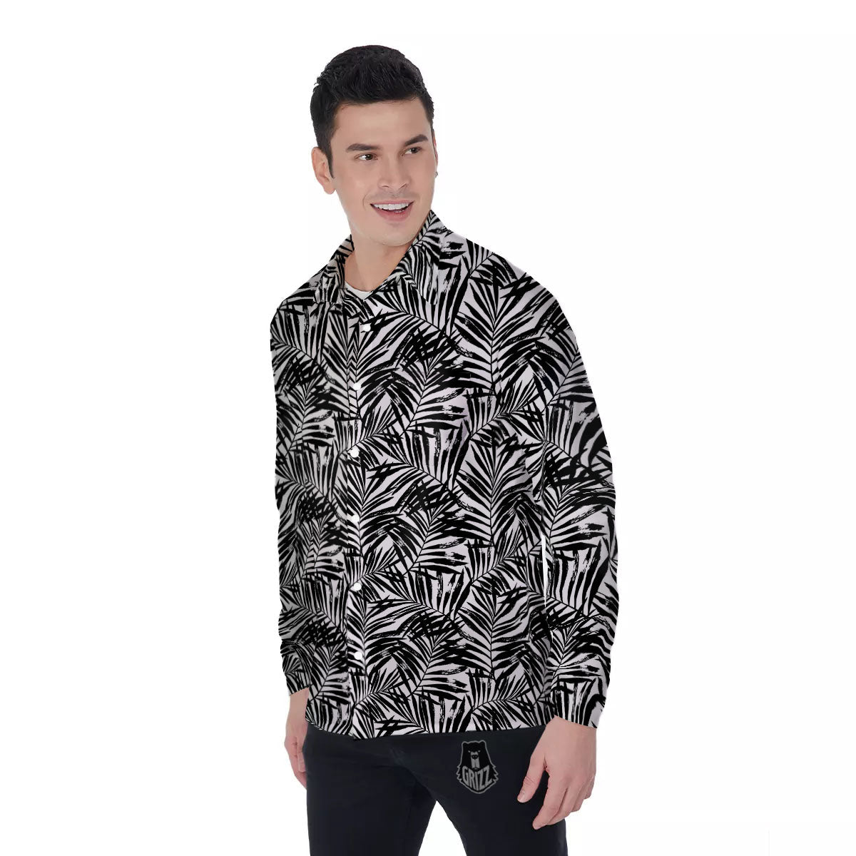 Tropical Palm Leaf White And Black Print Men's Long Sleeve Shirts-grizzshop