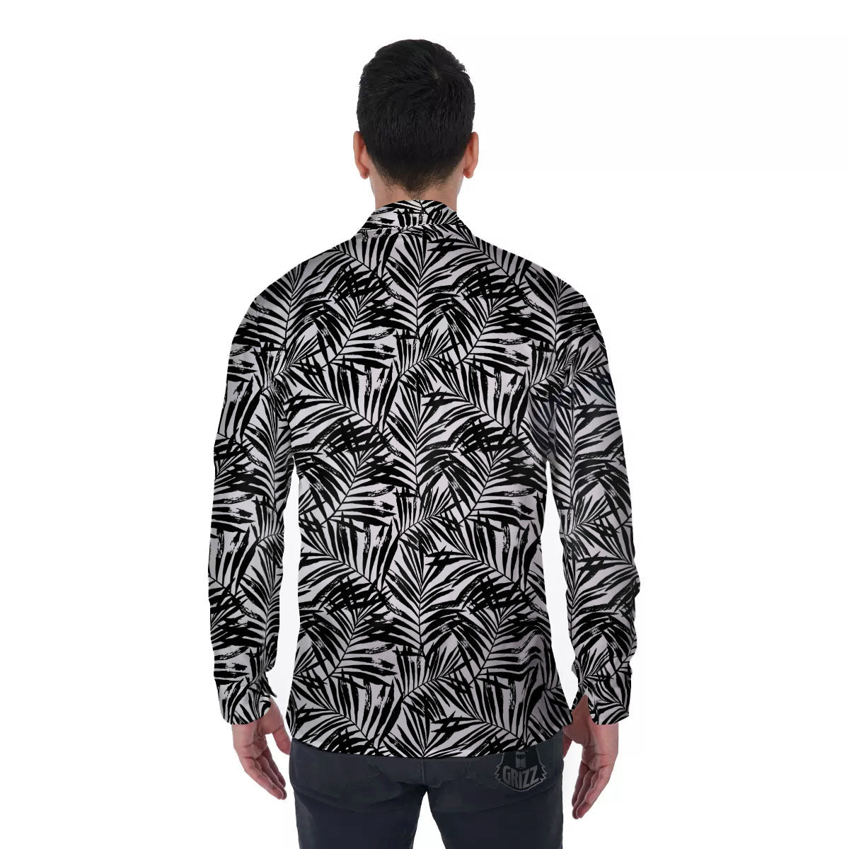 Tropical Palm Leaf White And Black Print Men's Long Sleeve Shirts-grizzshop