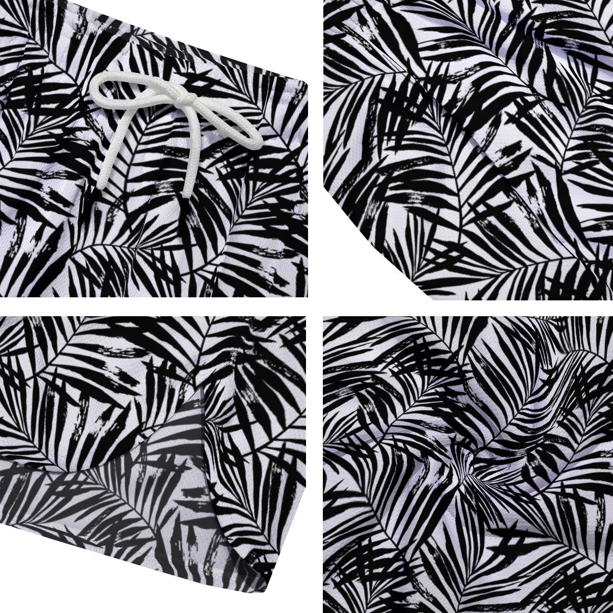 Tropical Palm Leaf White And Black Print Men's Running Shorts-grizzshop
