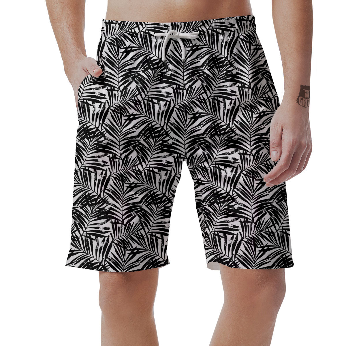 Tropical Palm Leaf White And Black Print Men's Shorts-grizzshop