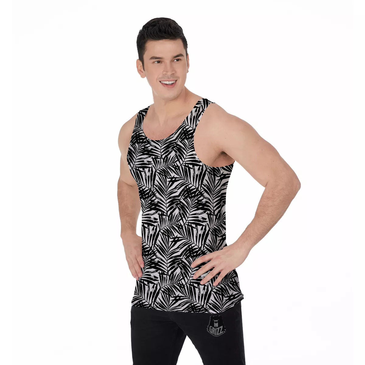 Tropical Palm Leaf White And Black Print Men's Tank Top-grizzshop