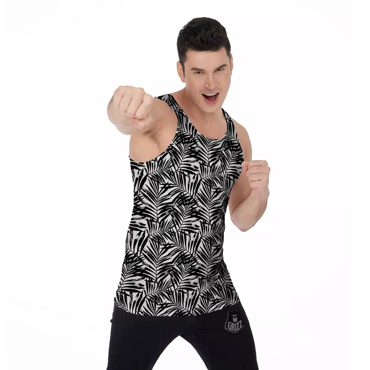 Tropical Palm Leaf White And Black Print Men's Tank Top-grizzshop