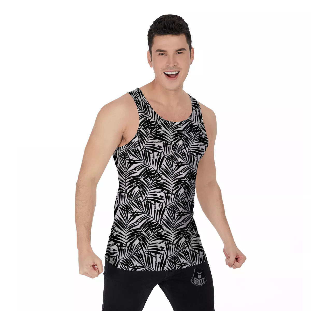 Tropical Palm Leaf White And Black Print Men's Tank Top-grizzshop