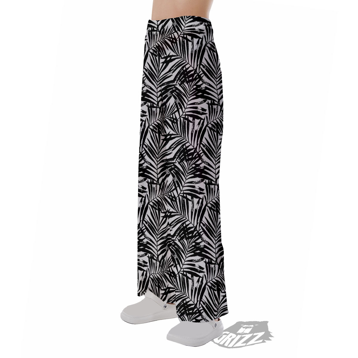 Tropical Palm Leaf White And Black Print Pajama Pants-grizzshop