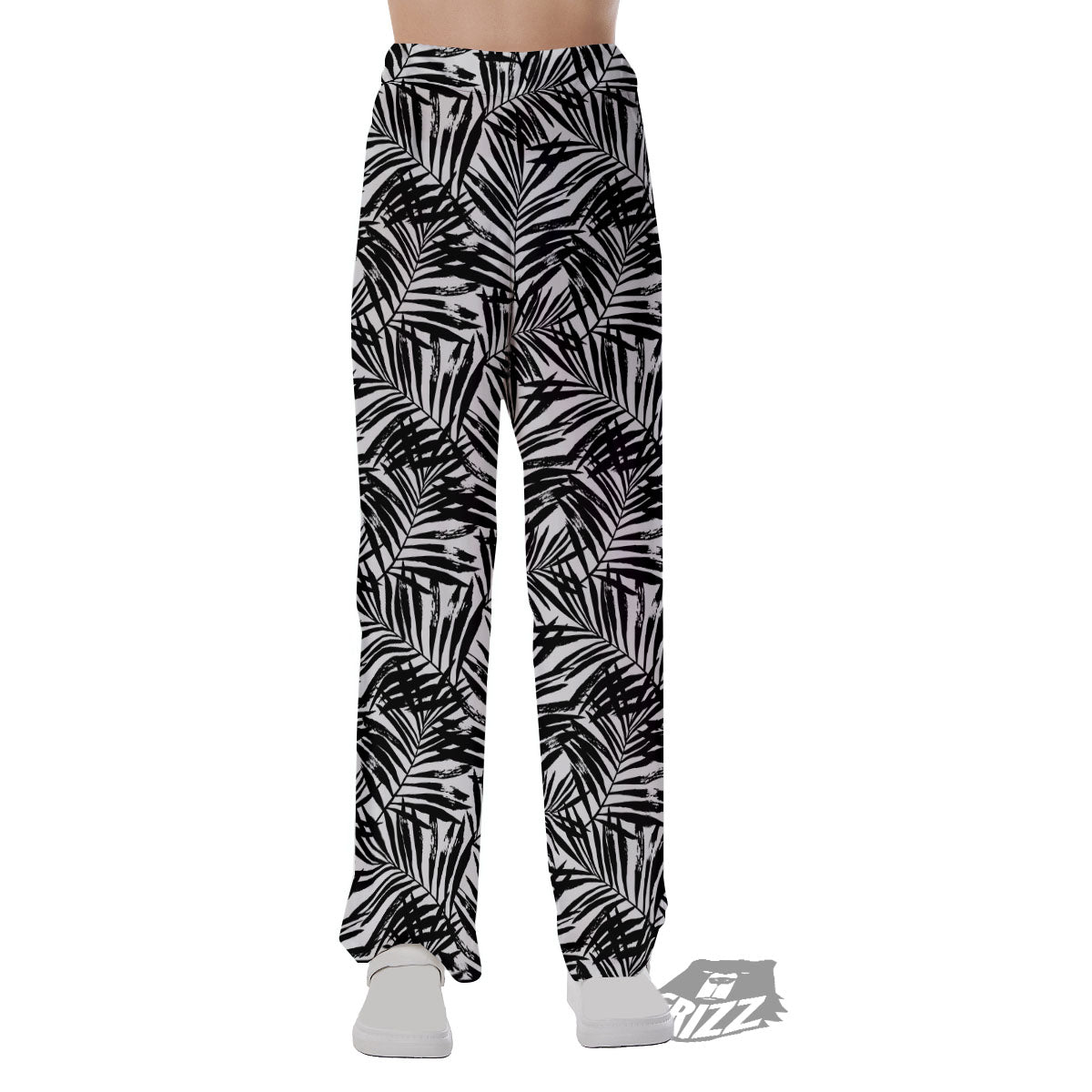 Tropical Palm Leaf White And Black Print Pajama Pants-grizzshop