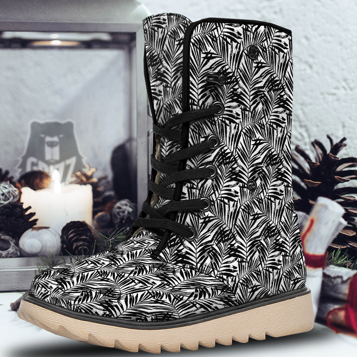 Tropical Palm Leaf White And Black Print Snow Boots-grizzshop