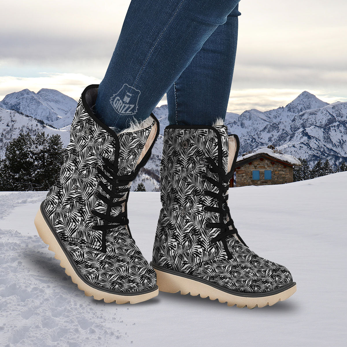 Tropical Palm Leaf White And Black Print Snow Boots-grizzshop