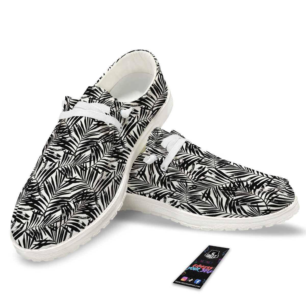 Tropical Palm Leaf White And Black Print White Loafers-grizzshop
