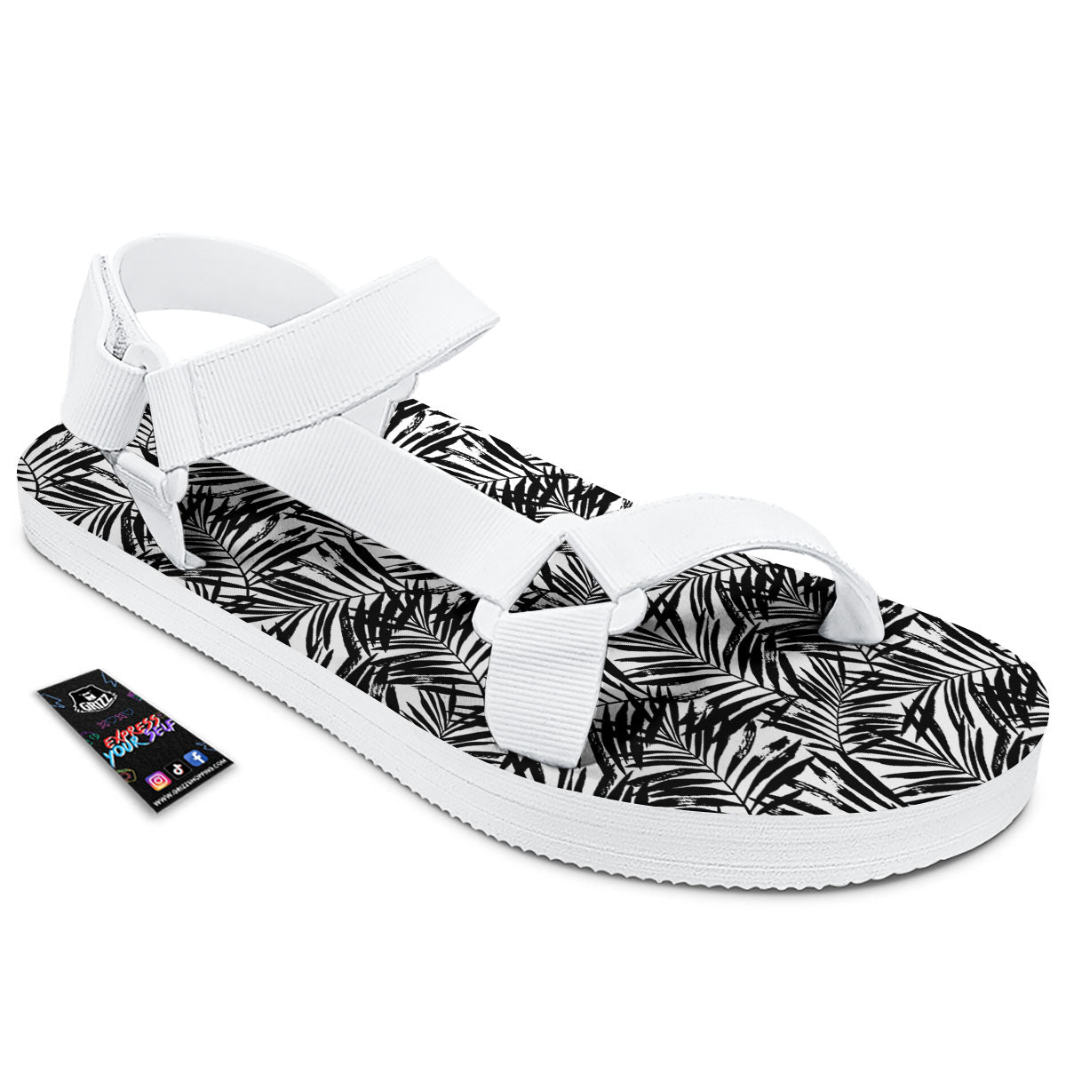 Tropical Palm Leaf White And Black Print White Open Toe Sandals-grizzshop