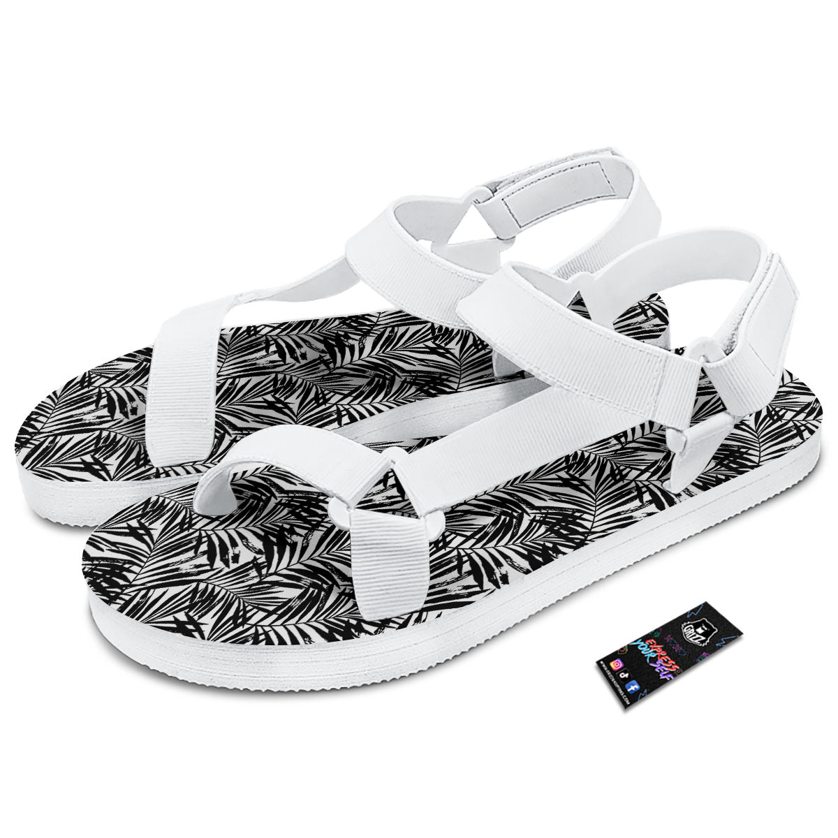 Tropical Palm Leaf White And Black Print White Open Toe Sandals-grizzshop