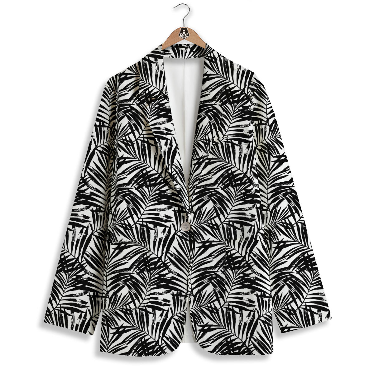 Tropical Palm Leaf White And Black Print Women's Blazer-grizzshop