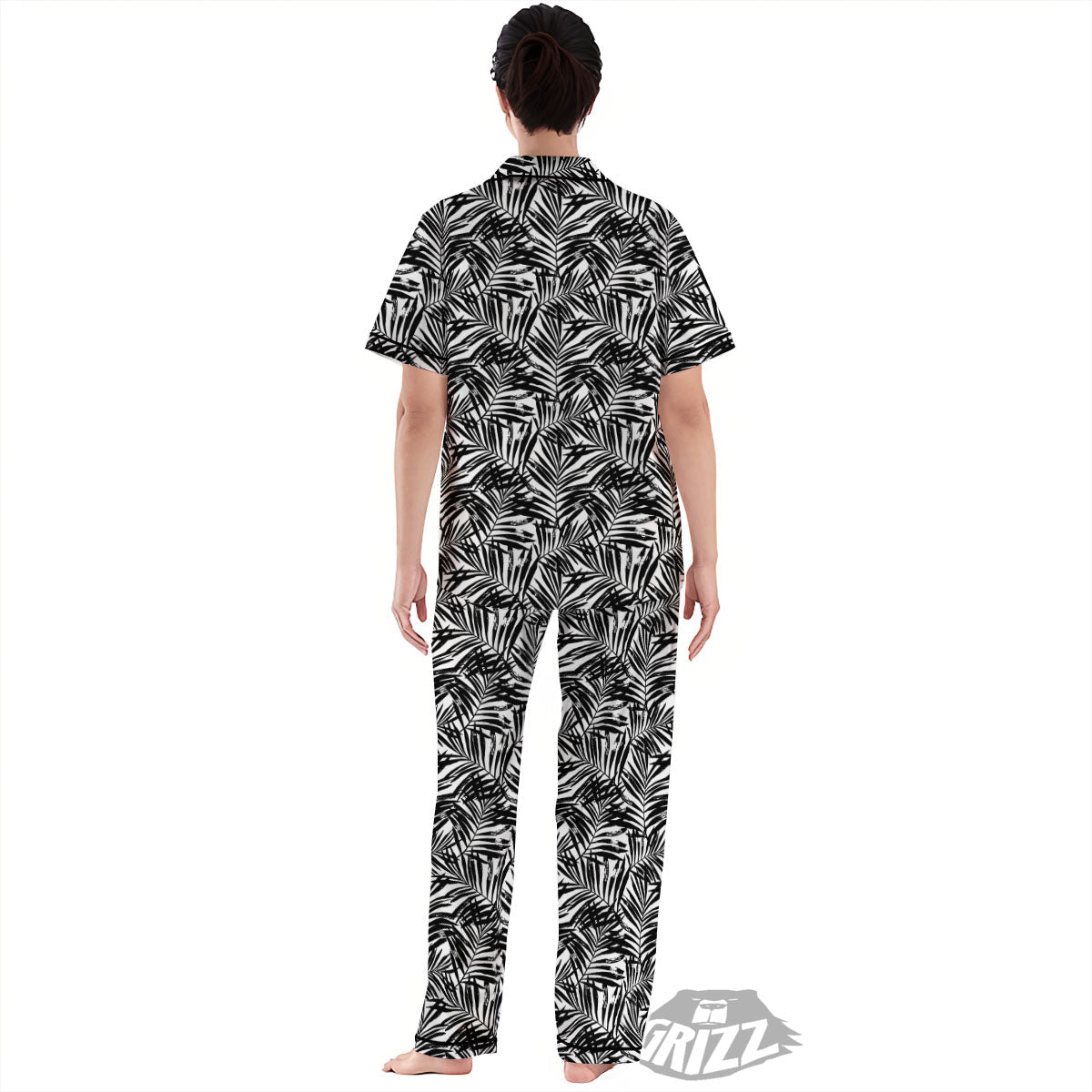 Tropical Palm Leaf White And Black Print Women's Pajamas Set-grizzshop