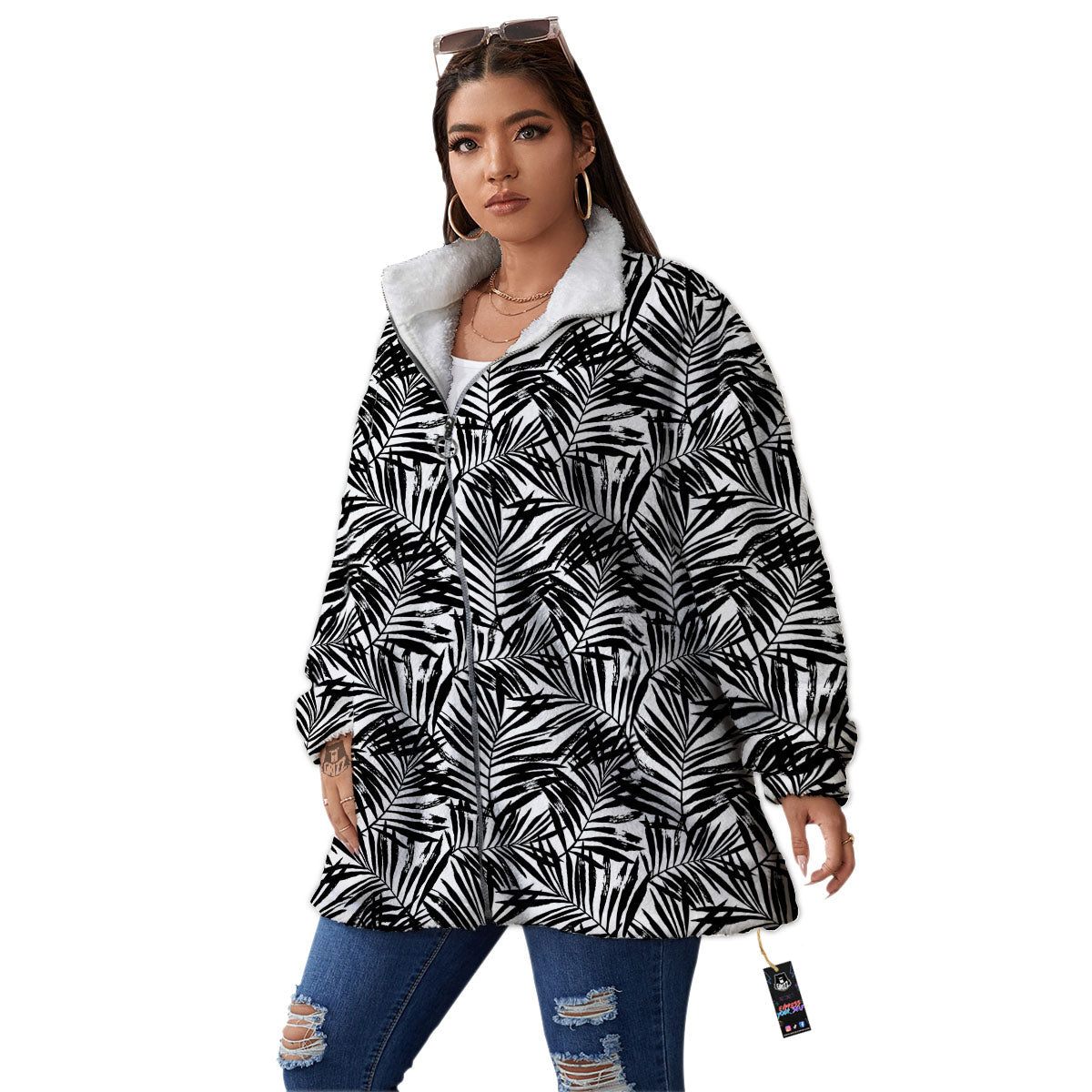 Tropical Palm Leaf White And Black Print Women's Sherpa Jacket-grizzshop