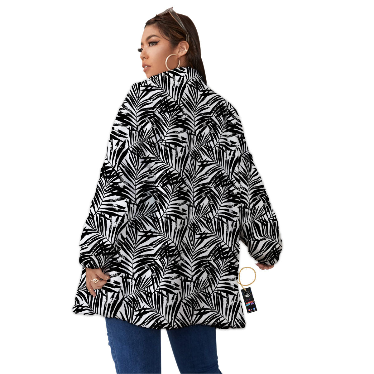 Tropical Palm Leaf White And Black Print Women's Sherpa Jacket-grizzshop