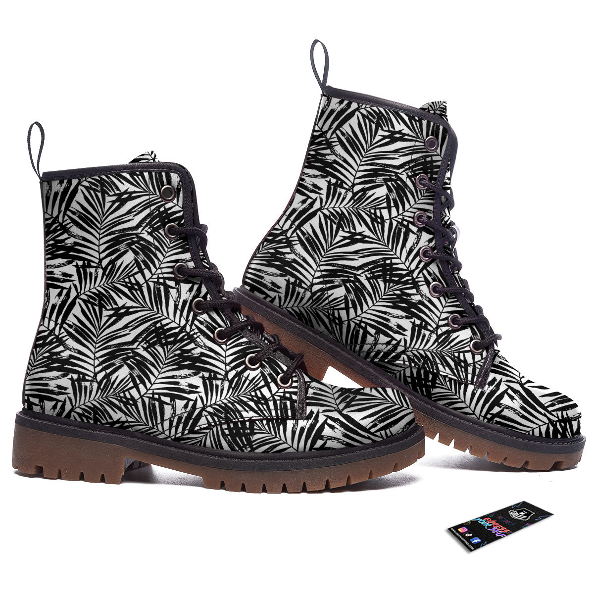 Tropical Palm Leaf White And Black Print Work Boots-grizzshop