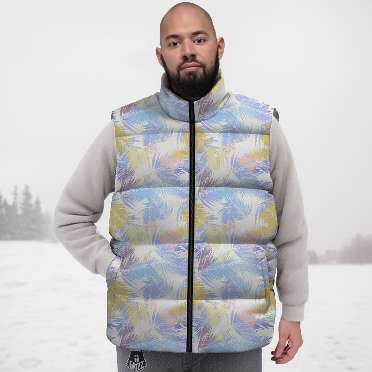 Tropical Palm Leave Elephant Print Down Vest-grizzshop