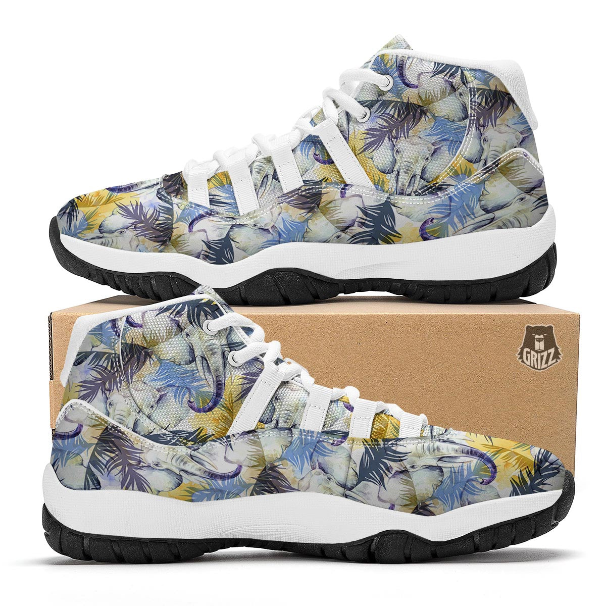 Tropical Palm Leave Elephant Print White Bball Shoes-grizzshop