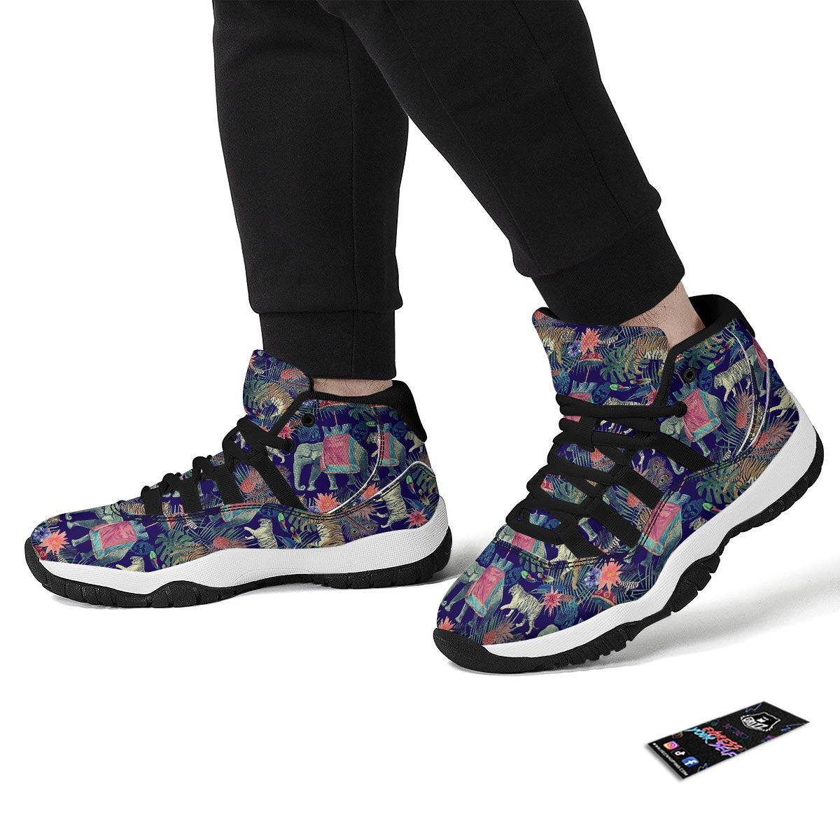 Tropical Palm Leave Peacock Tiger Elephant Black Bball Shoes-grizzshop