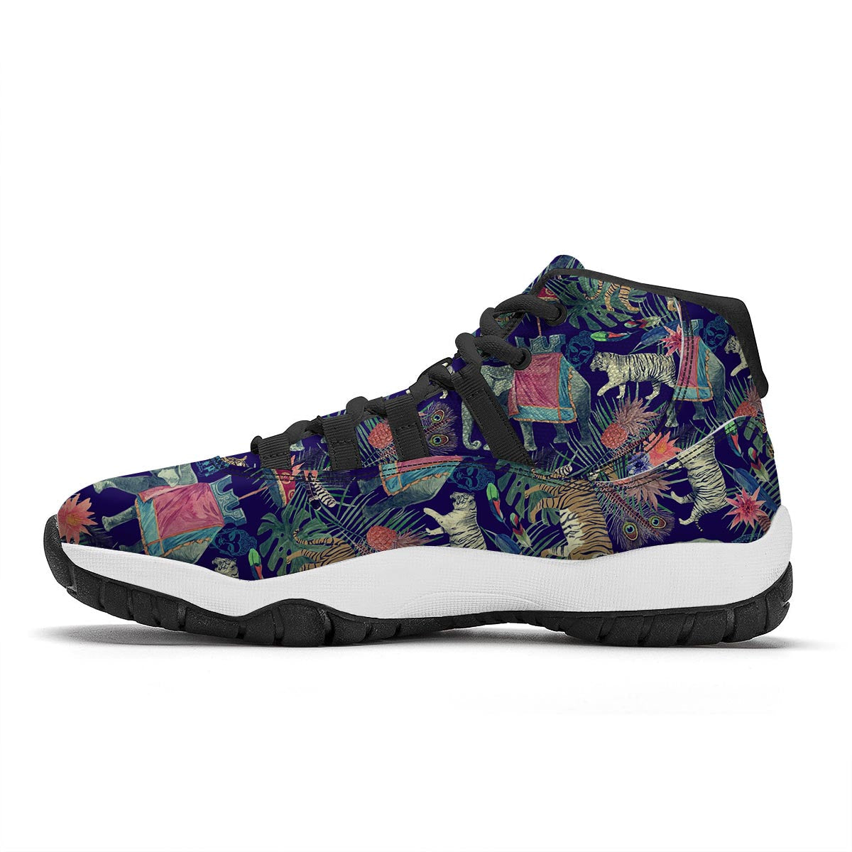 Tropical Palm Leave Peacock Tiger Elephant Black Bball Shoes-grizzshop