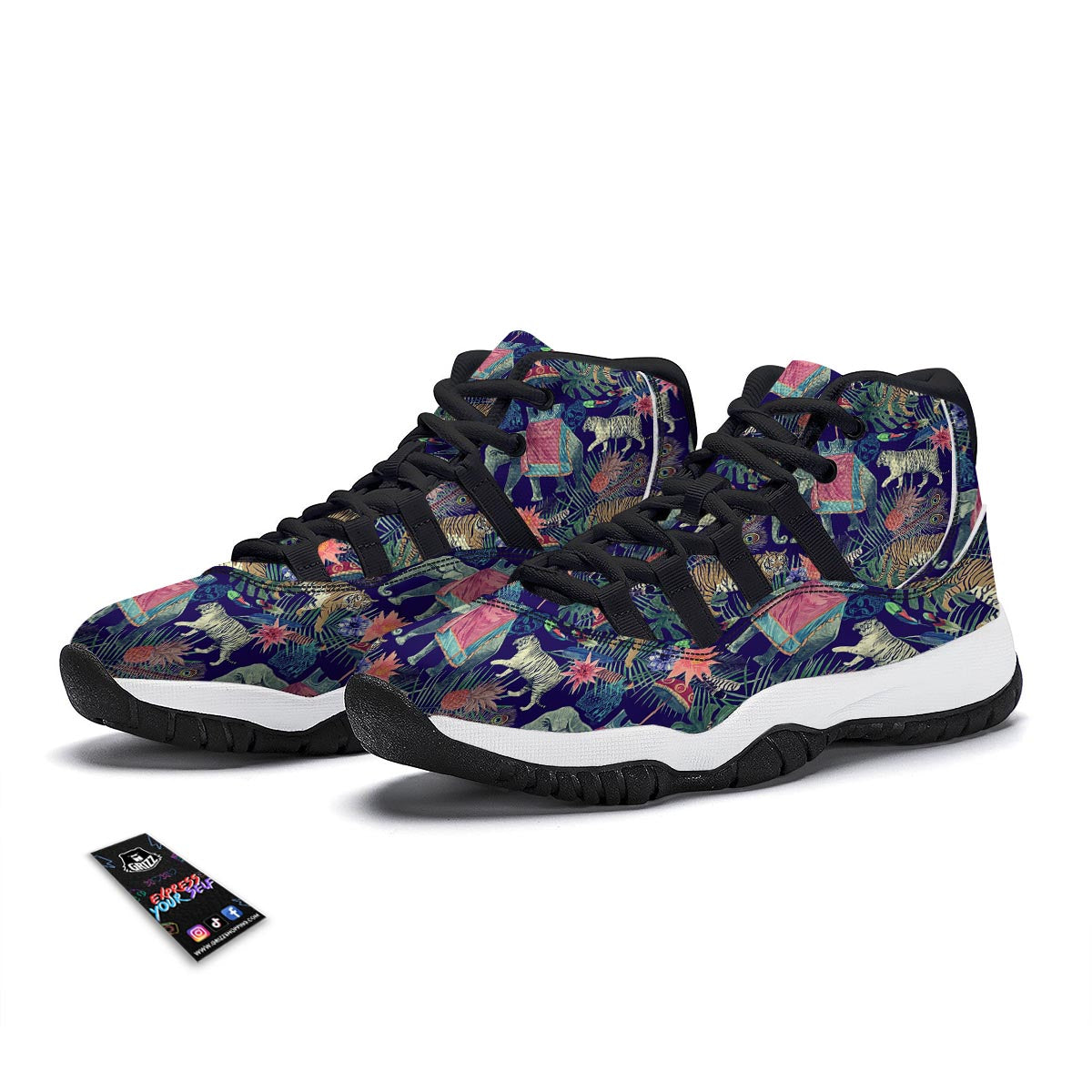 Tropical Palm Leave Peacock Tiger Elephant Black Bball Shoes-grizzshop