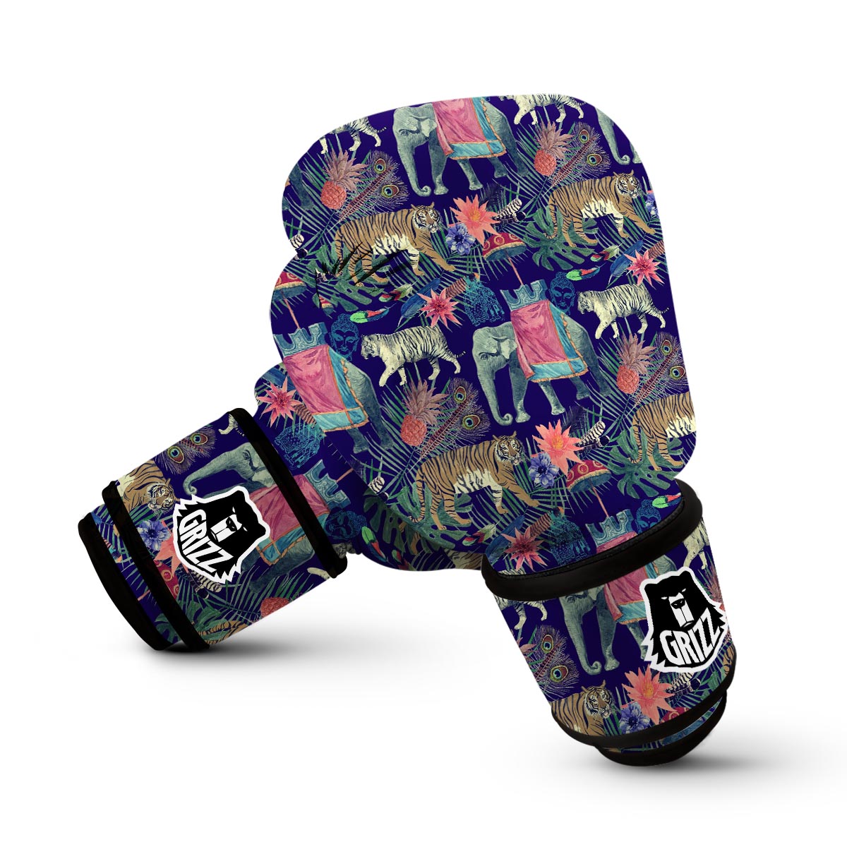 Tropical Palm Leave Peacock Tiger Elephant Boxing Gloves-grizzshop