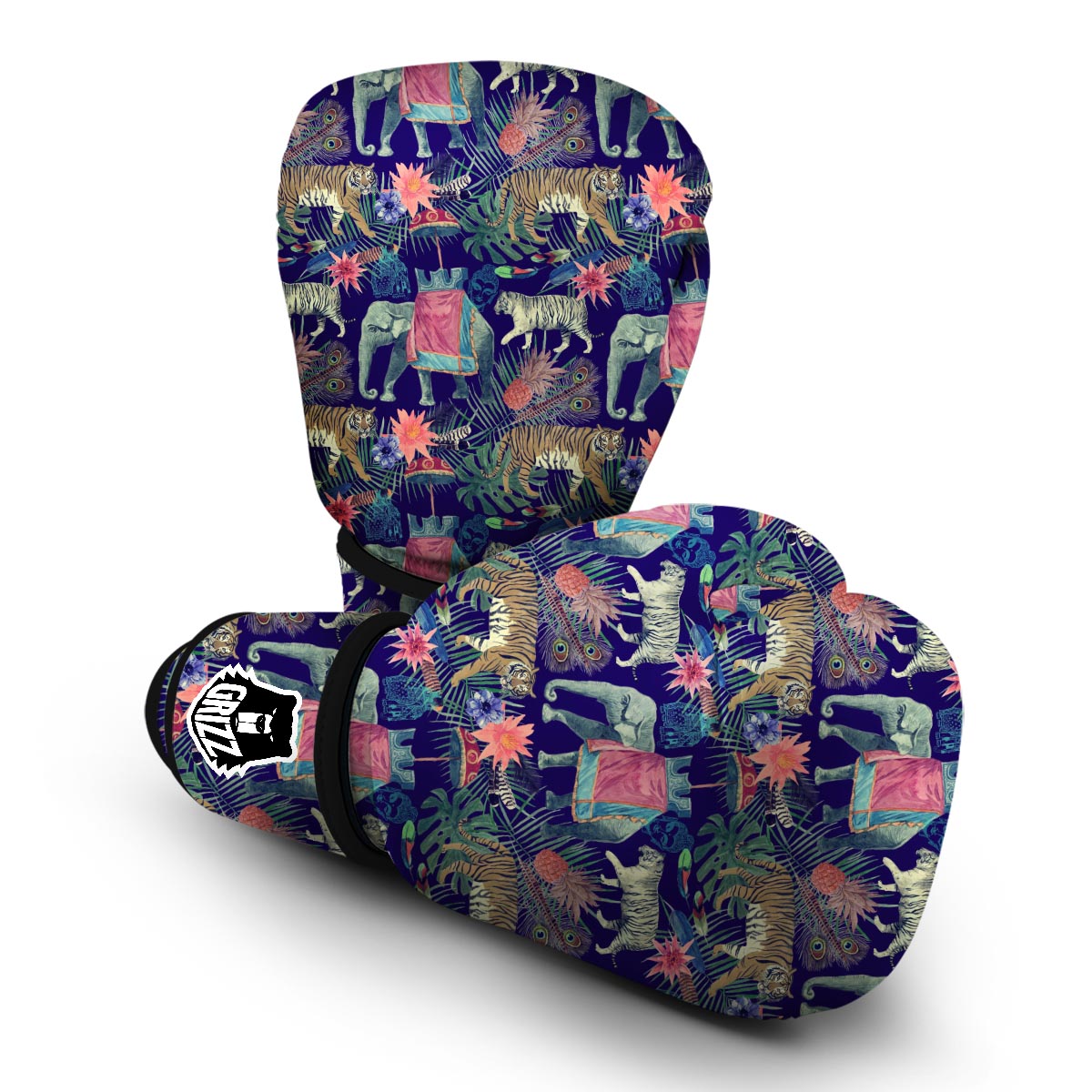 Tropical Palm Leave Peacock Tiger Elephant Boxing Gloves-grizzshop