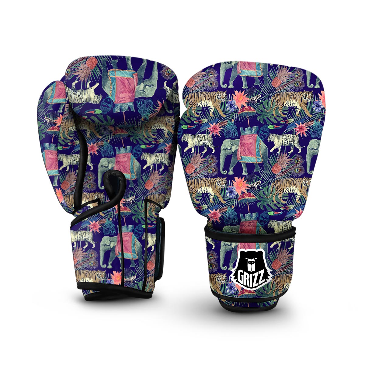 Tropical Palm Leave Peacock Tiger Elephant Boxing Gloves-grizzshop