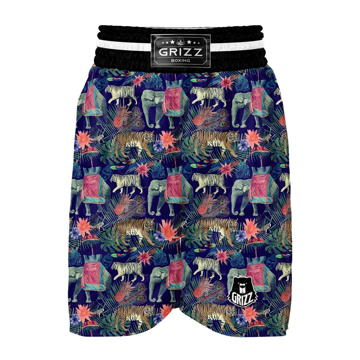 Tropical Palm Leave Peacock Tiger Elephant Boxing Shorts-grizzshop