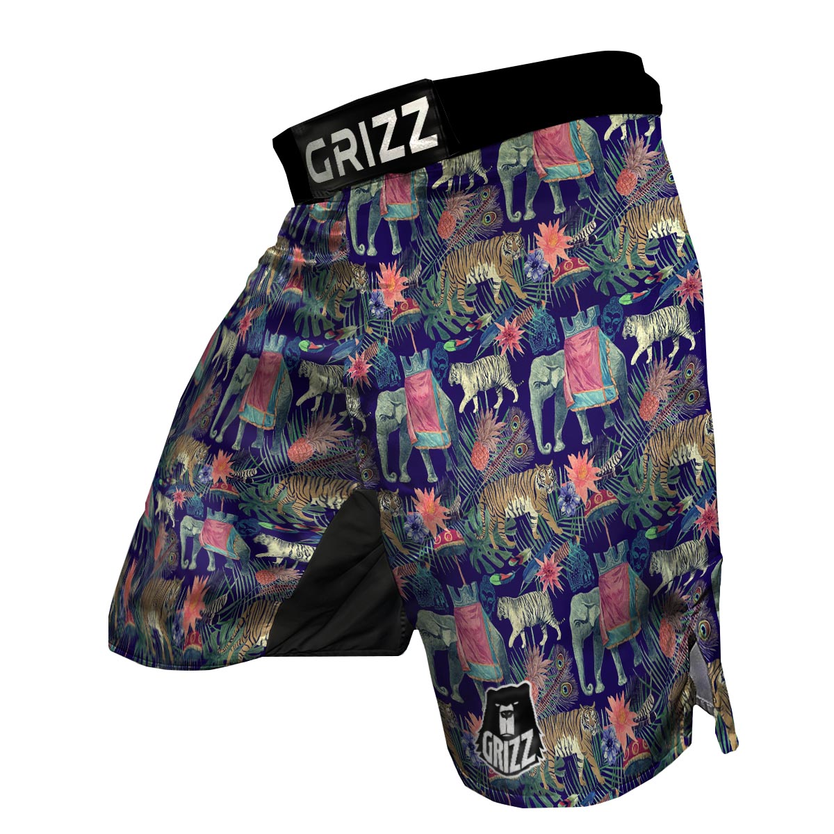 Tropical Palm Leave Peacock Tiger Elephant MMA Shorts-grizzshop