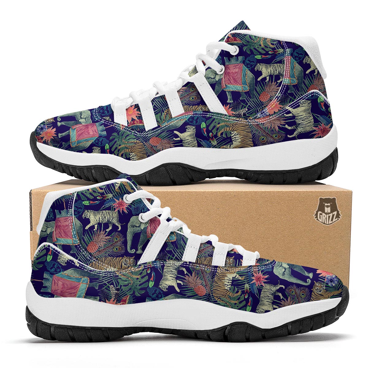 Tropical Palm Leave Peacock Tiger Elephant White Bball Shoes-grizzshop