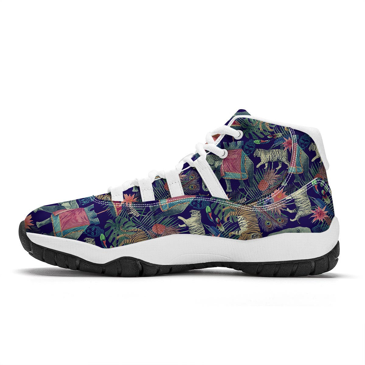 Tropical Palm Leave Peacock Tiger Elephant White Bball Shoes-grizzshop