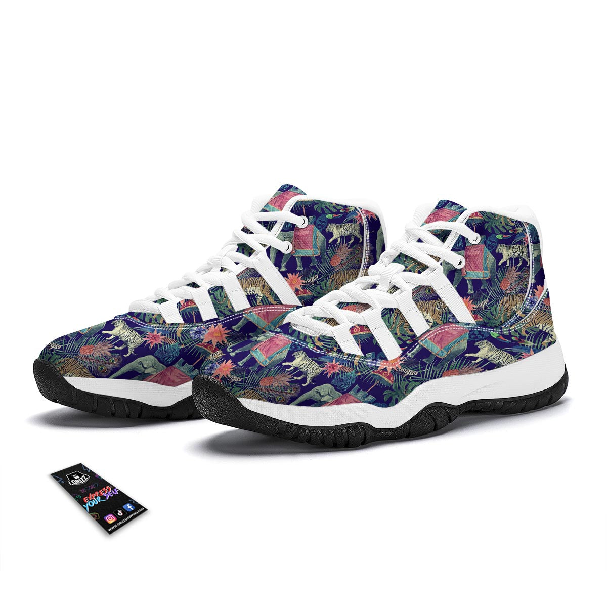 Tropical Palm Leave Peacock Tiger Elephant White Bball Shoes-grizzshop