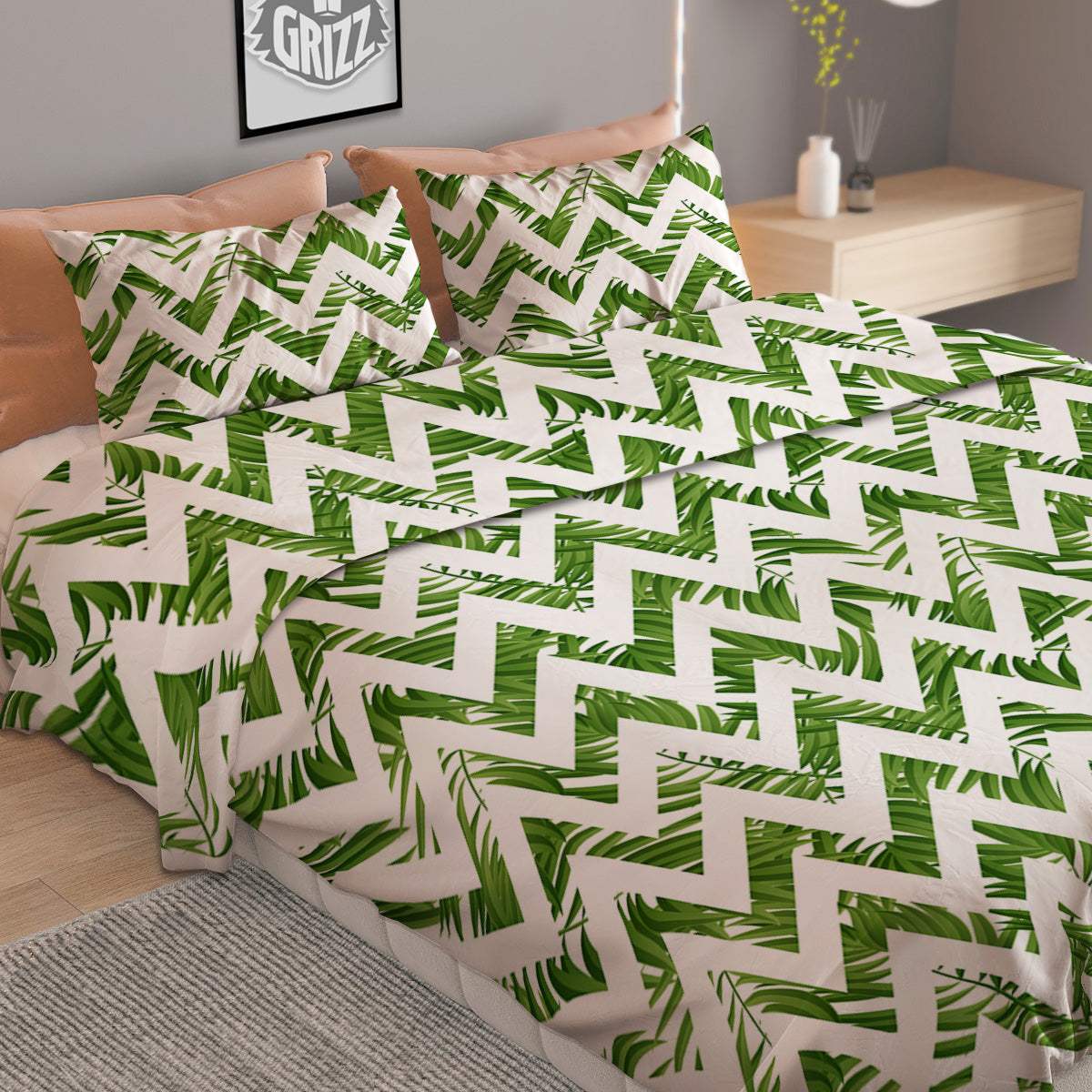 Tropical Palm Leaves Tropical Zigzag Print Pattern Duvet Cover Bedding Set-grizzshop