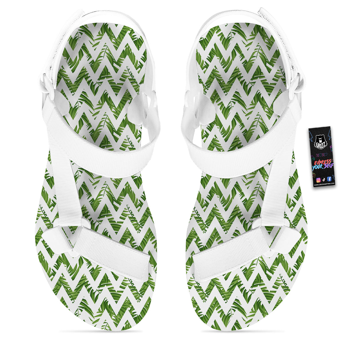 Tropical Palm Leaves Tropical Zigzag Print Pattern White Open Toe Sandals-grizzshop