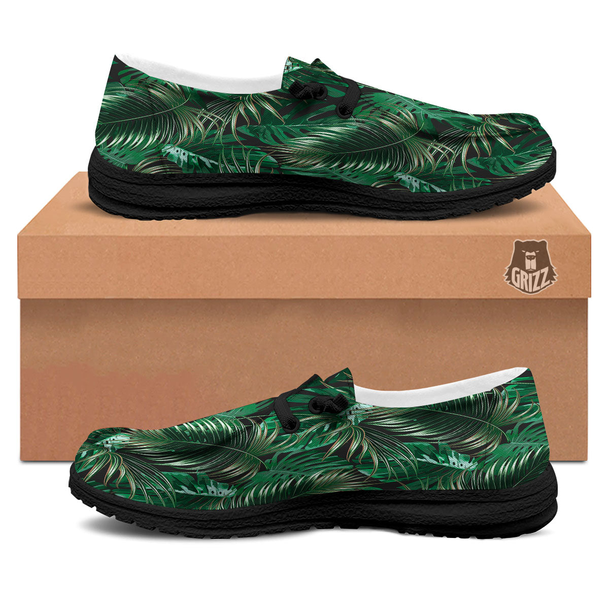 Tropical Palm Tree Print Pattern Black Loafers-grizzshop