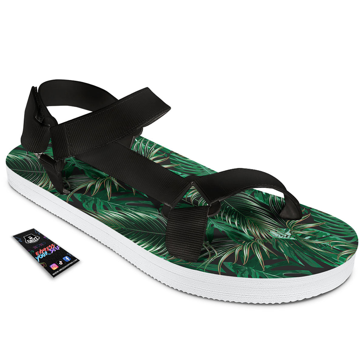 Tropical Palm Tree Print Pattern Black Open Toe Sandals-grizzshop