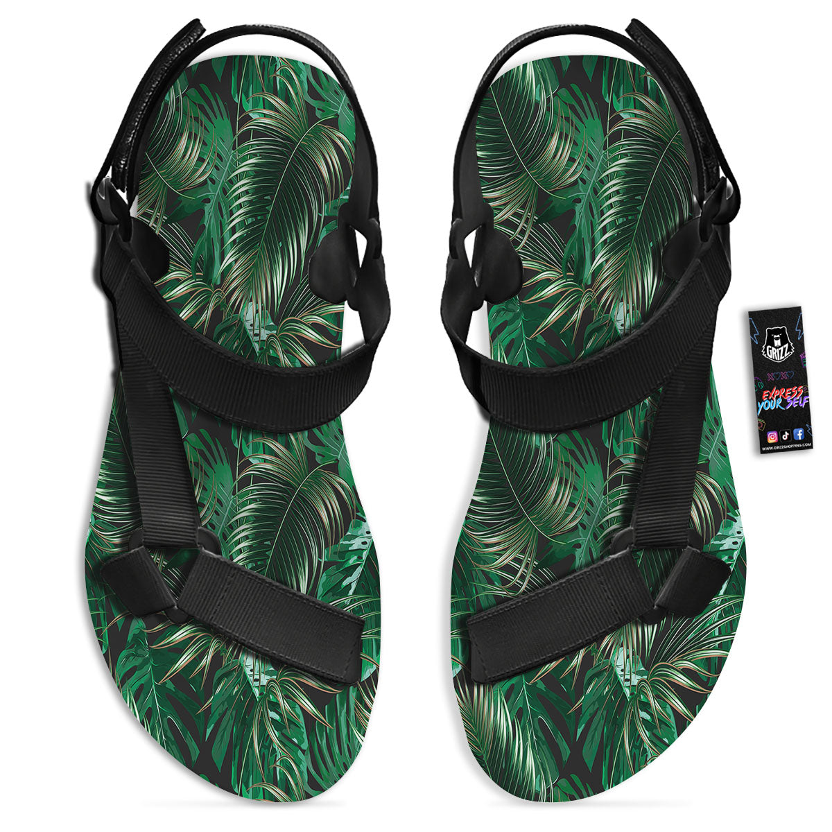 Tropical Palm Tree Print Pattern Black Open Toe Sandals-grizzshop
