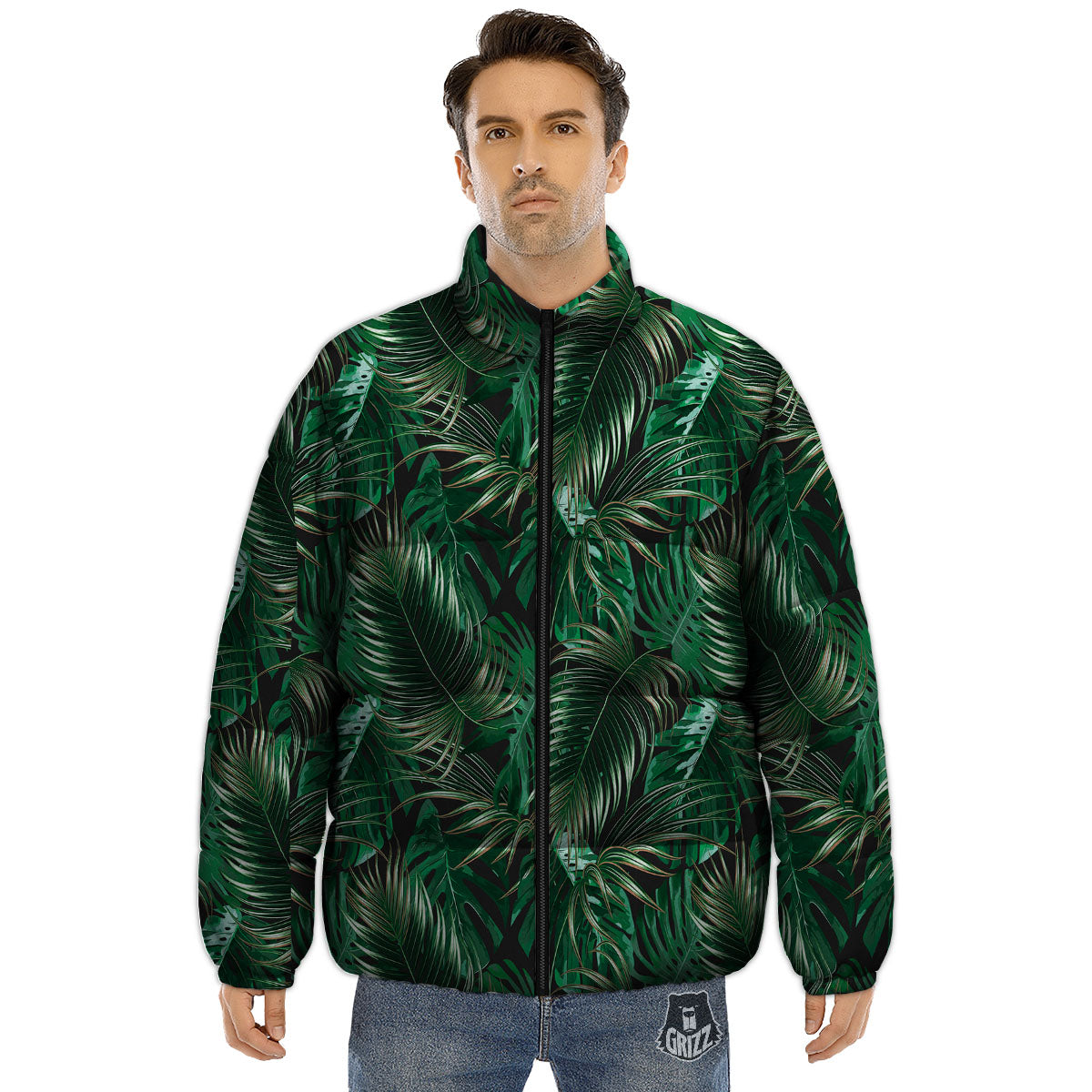 Tropical Palm Tree Print Pattern Puffer Jacket-grizzshop