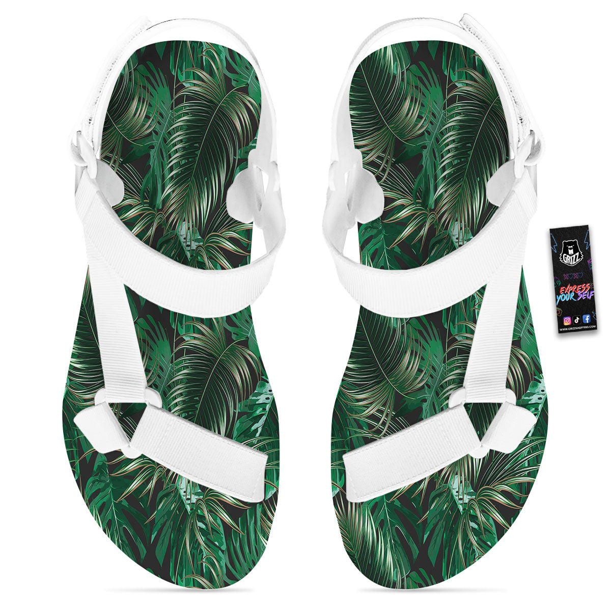 Tropical Palm Tree Print Pattern White Open Toe Sandals-grizzshop