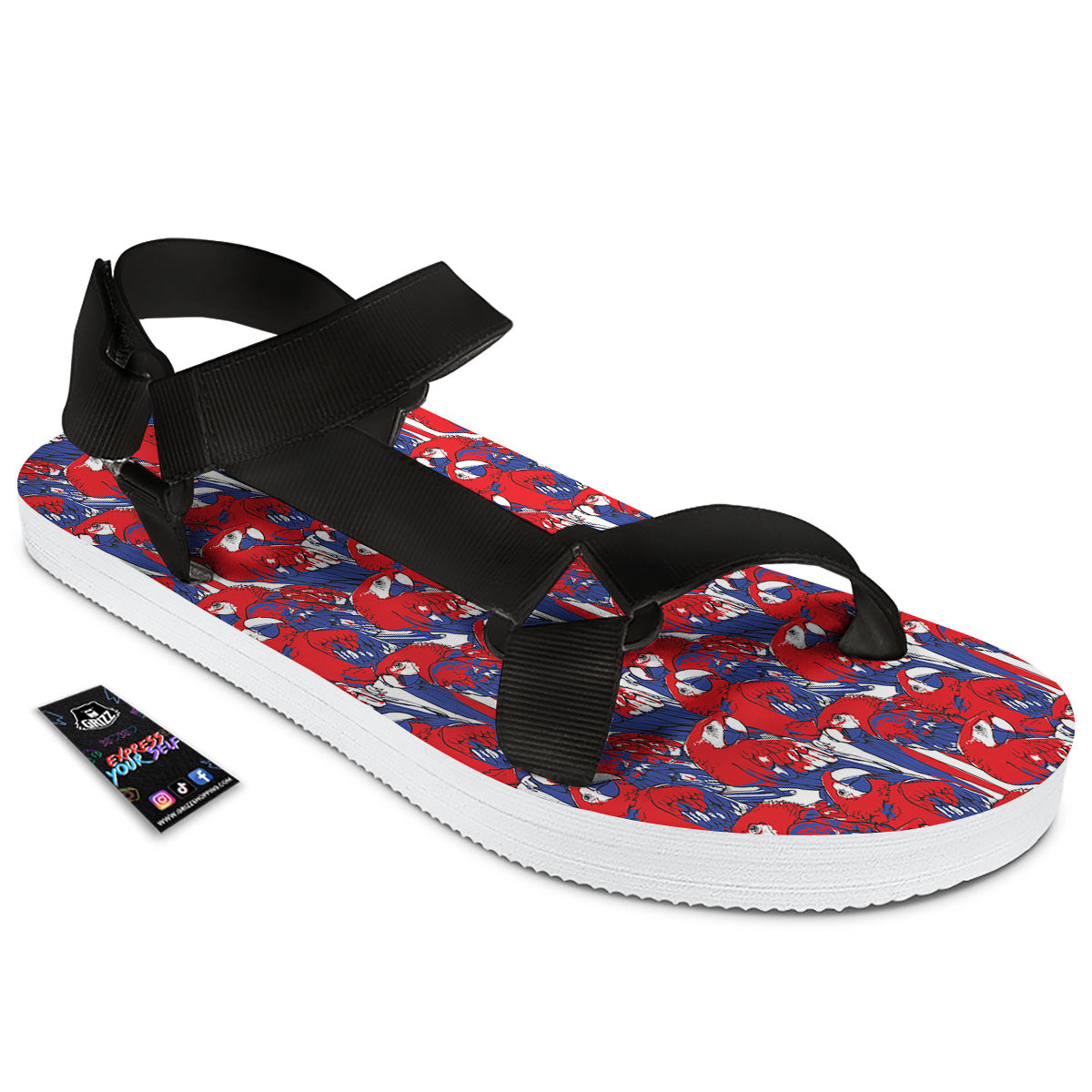 Tropical Parrot Print Pattern Black Open Toe Sandals-grizzshop