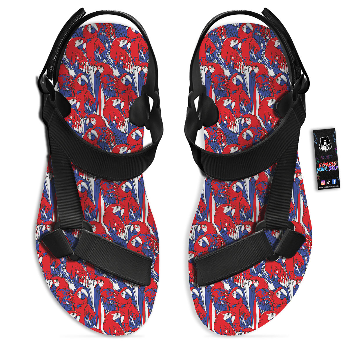 Tropical Parrot Print Pattern Black Open Toe Sandals-grizzshop