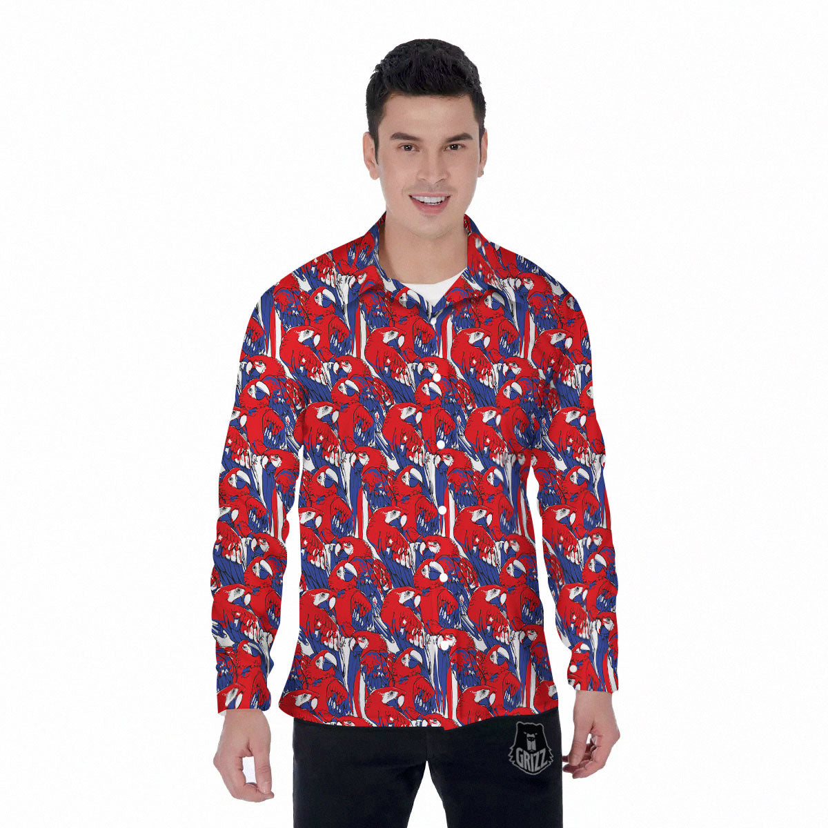 Tropical Parrot Print Pattern Men's Long Sleeve Shirts-grizzshop